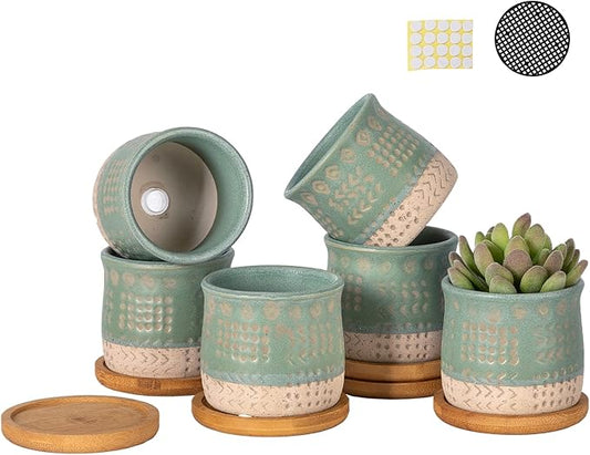 TAMAYKIM 2.75 Inch Mini Ceramic Succulent Plant Pots, Retro Tiny Planter Pots with Saucer & Drainage Hole, for Cactus, Small Plants, Set of 6, Green