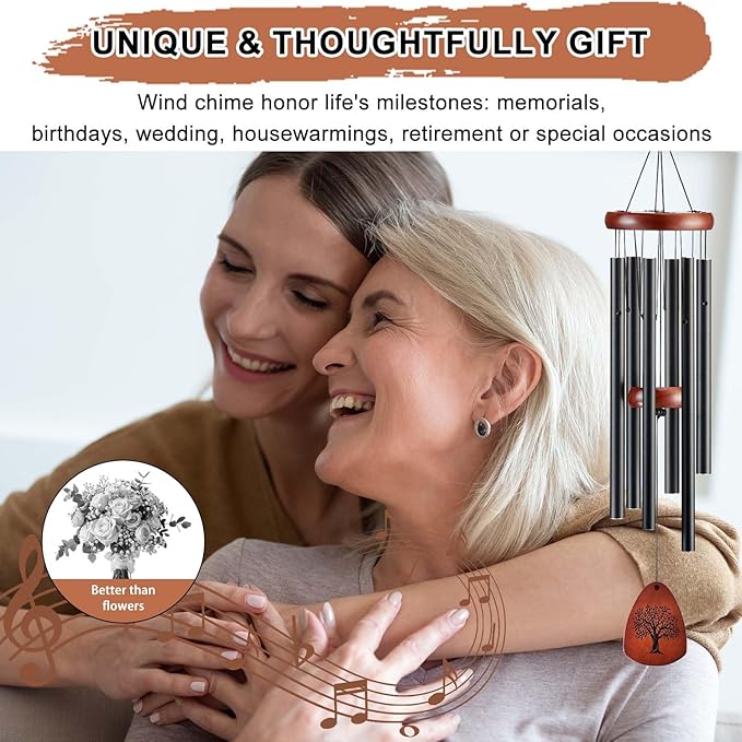 Wind Chimes for Outside, 32" Memorial Wind Chimes for Loss of Loved One Mother Father, Memorial Sympathy Gift Outdoor Garden Patio Decor, Bereavement Gift for Loss of Mom Dad (Classic Black)