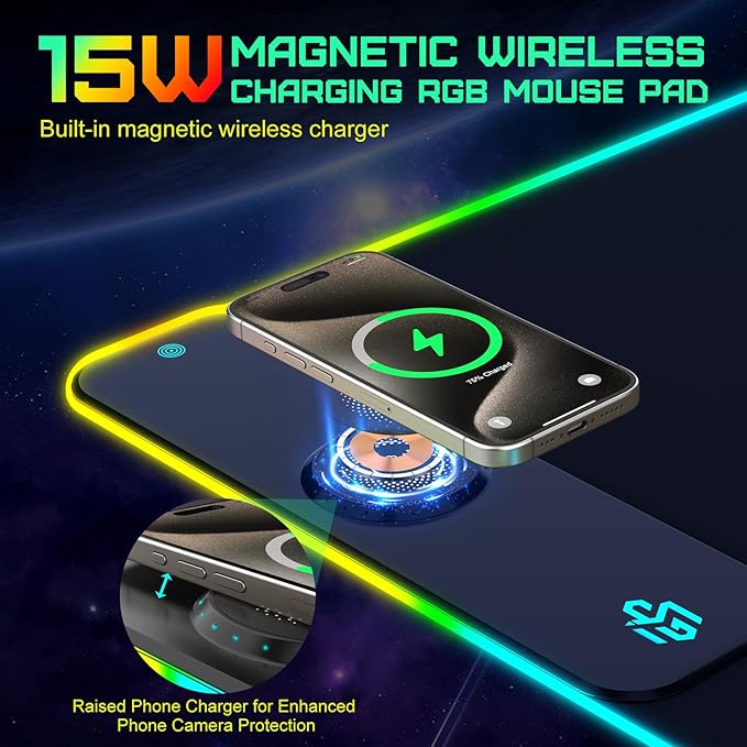 GIM Wireless Charging RGB Gaming Mouse Pad 15W, LED Mouse Mat 900x400x4MM, 10 Light Modes Extra Large Mousepad Non-Slip Rubber Base Computer Keyboard Mat for Gaming, MacBook, PC, Laptop, Desk