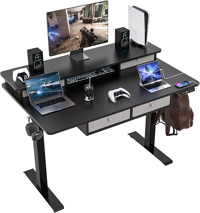 48 * 30 Inches Electric Standing Widened Desk Adjustable Height with 4 Drawers, Double Storage Shelves, Home Office Workstation Sit Stand up Desk (Classical Black)