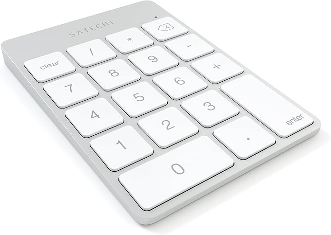Satechi Slim Aluminum Bluetooth Keypad, Wireless Number Pad with 18 Keys, Micro USB Rechargeable Numpad, External Number Pad for MacBook Air/Pro M4, iPad Air/Pro M4/M3, iMac, PC - Silver