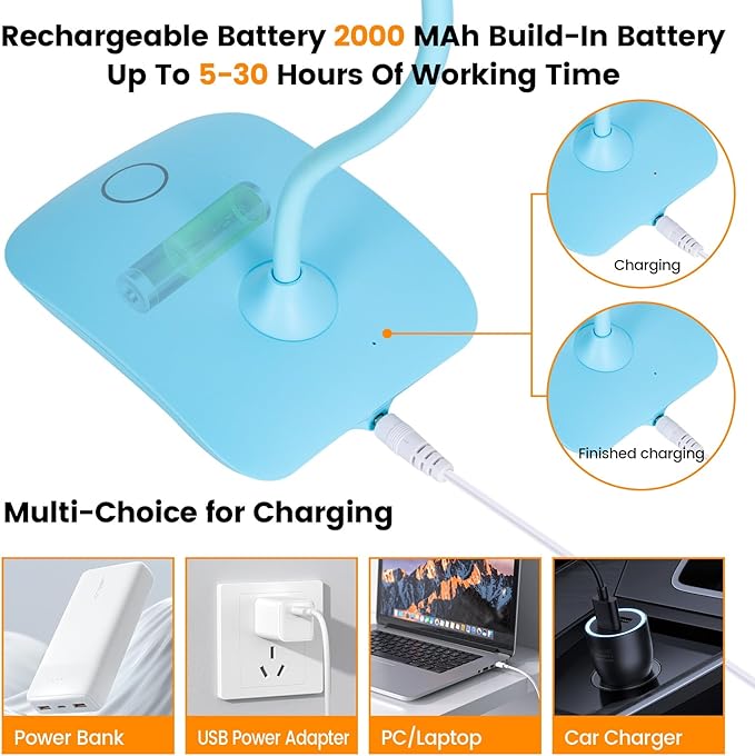 Battery Powered Desk Lamp, Portable Lamps Rechargeable 3 Color Modes Touch Control Stepless Dimming, Wireless Desk Lamp with 4000mAh, Small LED Table Light for Dorm Study Office Bedroom,2-Pack,Blue