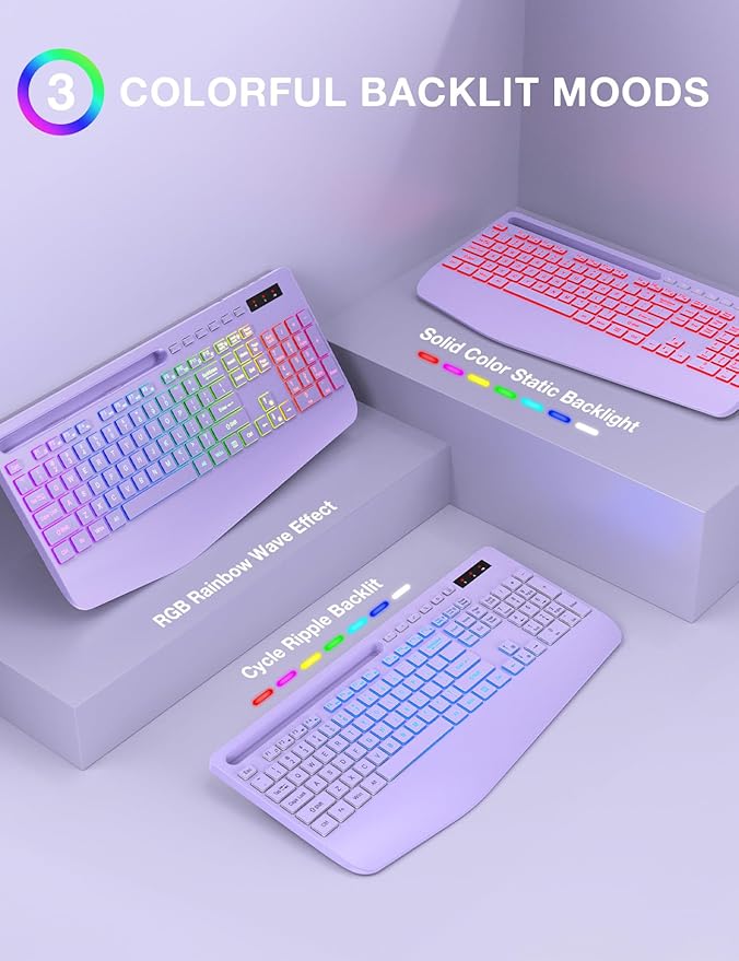 SABLUTE Wireless Keyboard and Mouse Combo, 9 Backlit Effects, Wrist Rest, Phone Holder, 2.4G Lag-Free Ergonomic Keyboards, Rechargeable Silent Cordless Set for Computer, Laptop, Mac, Windows（Purple）
