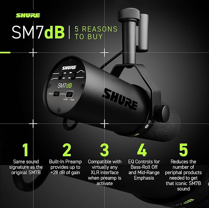 Shure SM7dB Dynamic Vocal Microphone w/Built-in Preamp for Streaming, Podcast, & Recording, Wide-Range Frequency, Warm & Smooth Sound, Rugged Construction, Detachable Windscreen - Black