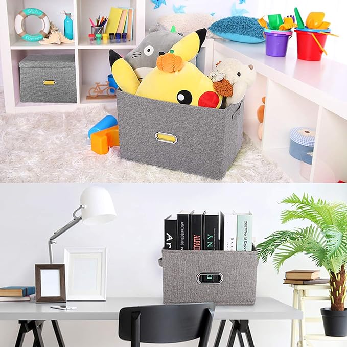 Linen Fabric Collapsible Storage Bins with Removable Lids and Handles, Washable Storage Box Containers Baskets Cube with Cover for Bedroom,Closet,Office,Living Room,Nursery (Grey, Medium)