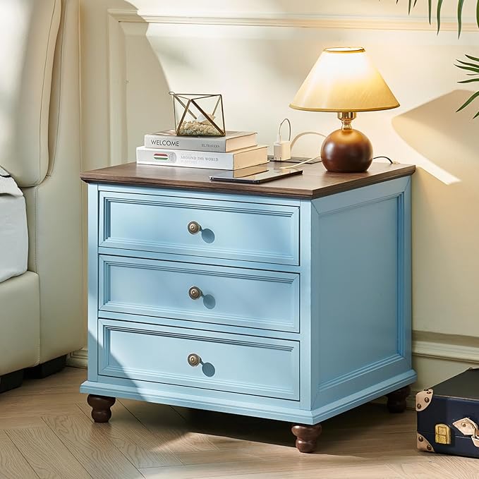 Farmhouse Nightstand with Charging Station, 24" Wide End Table with 3 Drawers,Light Blue Wood Dresser for Bedroom, Bed Side Table Chest of Drawers Cabinet,Night Stand for Living Room, Closet
