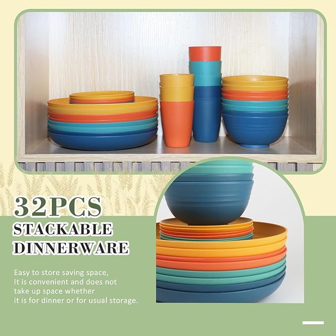 Wheat Straw Dinnerware Set of 32, Unbreakable Dinner Plates and Bowls Dishes Sets Service for 8,Dishwasher Safe Dinnerware Sets for Kitchen and Camping.Vibrant Series