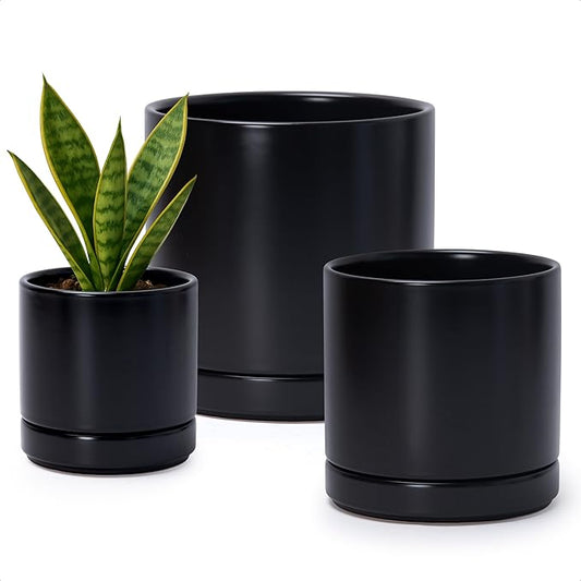 D'vine Dev 4 Inch & 6 Inch & 8 Inch, Set of 3 Round Ceramic Planter Pot with Drainage Hole and Saucer, Black, 94-T-M-2