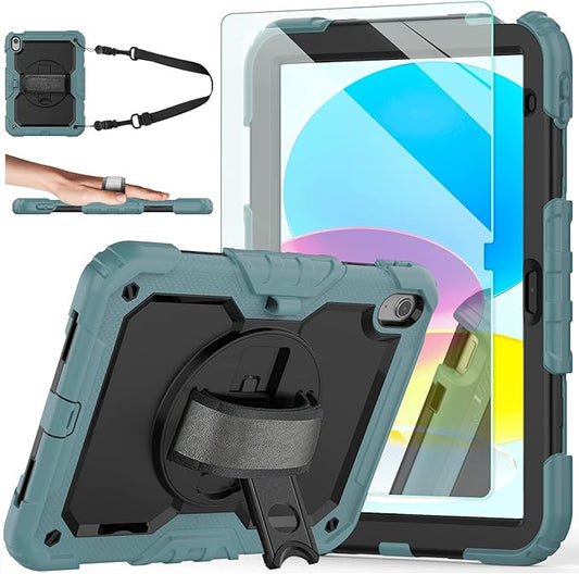 Ambison Case for iPad (A16) 11th/10th Generation 11''/10.9'' 2025/2022, [Kid Proof] Full Body Protective Case with 9H Tempered Glass Screen Protector, 360° Rotatable Kickstand & Hand Strap (Teal)