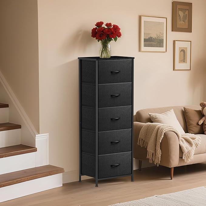 5 Fabric Drawer Dresser for Bedroom, Chest of Drawers with Waterproof Wood Top Tall Dresser for Hallway, Living Room, Kid Room (Charcoal Black)