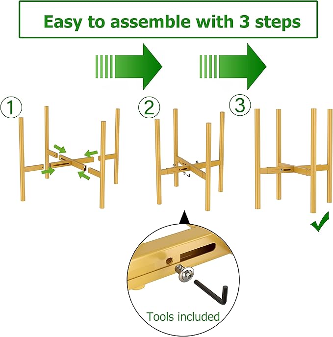 EKNITEY Adjustable Plant Pot Stand: Indoor Outdoor Modern Flower Holder Metal Plant Rack Organizer Planter Stand for Garden Patio Corner Bathroom Living Room Balcony Home Office (Gold)