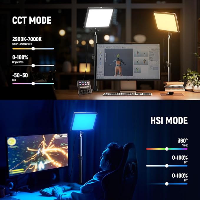 NEEWER GL25C LED RGB Streaming Key Light, APP/PC Control 25W 2500Lux/0.5m 2900K-7000K CRI95+/TLCI97+ Full RGB Dimmable Edge Emitting Silent Webcam Video Light with Desk Stand