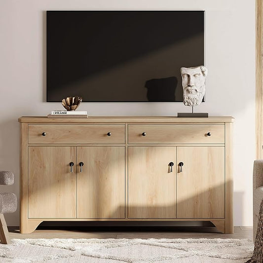 WAMPAT Farmhouse TV Stand for 65 inch TV, Wood Entertainment Center with 2 Drawers and Storage Cabinets, Adjustable Shelves, Oak Entertainment Center TV Console Table for Living Room, Bedroom, 59''