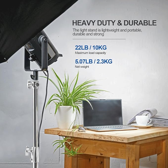 Wellmaking Stainless Steel Photography Light Stand 9.2ft/280cm.Spring Cushioned Heavy Duty Tripod Stand with 1/4”to3/8” Screw Adapter and Tilt Swivel Mount for Strobe, Video Light,ring light,Monolight