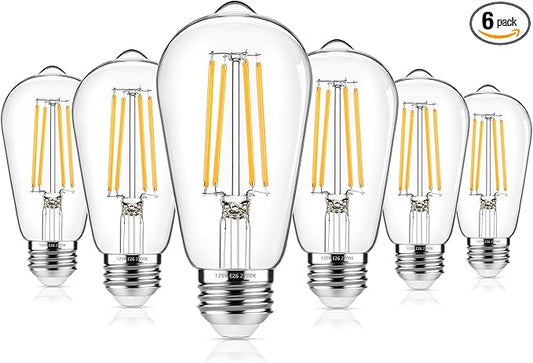 Vintage Edison Bulbs 60W Equivalent 850LM, 6W LED Light Bulb Warm White 2700K, ST58 Filament Lighting E26 Base, Non-Dimmable, Pack of 6