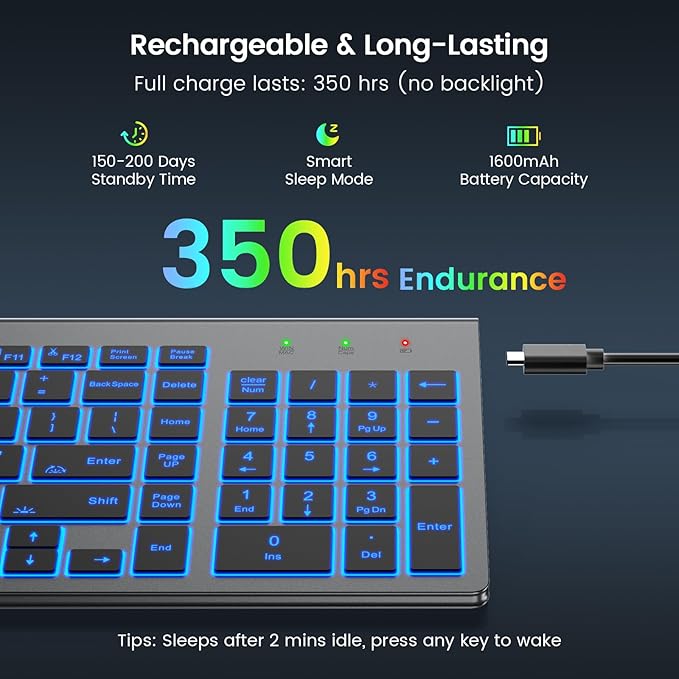 SABLUTE Wireless Keyboard with 7 Colored Backlits, Rechargeable Silent Compact Cordless Computer Keyboard with Low Profile Quiet Light Up Keys for Windows, PC, Linux, Chrome, Mac (Grey)