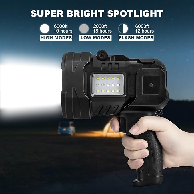 Rechargeable Spotlight Flashlight, 90,000 Lumens Super Bright Spotlight Outdoor with Cob Light & USB Output, Lightweight Handheld Led Spot Light for Hunting Boating Camping