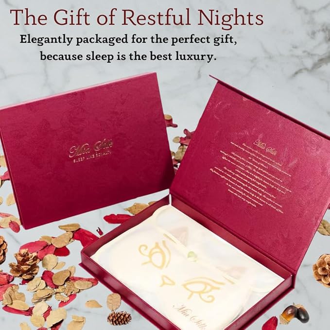 Silk Sleep Mask Blindfold Eye Mask for Sleep Cute Cat Print Embroidered Eye Cover Adjustable Oversized Egyptian Bastet with Gift Box&Pouch（Isis Ivory-Elastic Strap）