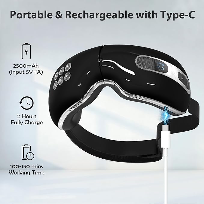 Fmalve Eye Massager with Heat and Cooling for Migraines, Dry Eyes, Heated Eye Mask Massager Improve Sleeping - Gifts for Women and Men (Black)