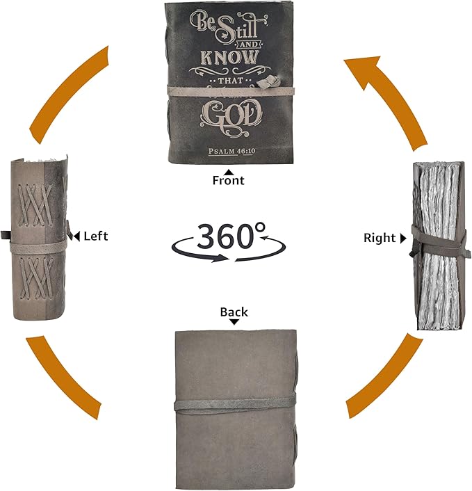 LEATHER VILLAGE Vintage Leather Journal with Psalm 46:10 Bible Verse–13''x8'' Embossed Prayer Study Journal for Women & Men – 200 Pages Handmade Cotton Deckle Edge Watercolor Paper - Grey Paper