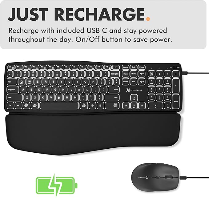 X9 Backlit Wireless Keyboard and Mouse (Bluetooth + 2.4G) Ergonomic Keyboard and Mouse Wireless Combo with Detachable Wrist Rest, Rechargeable, Full-Size Set for Phone, Computer, Laptop, Mac