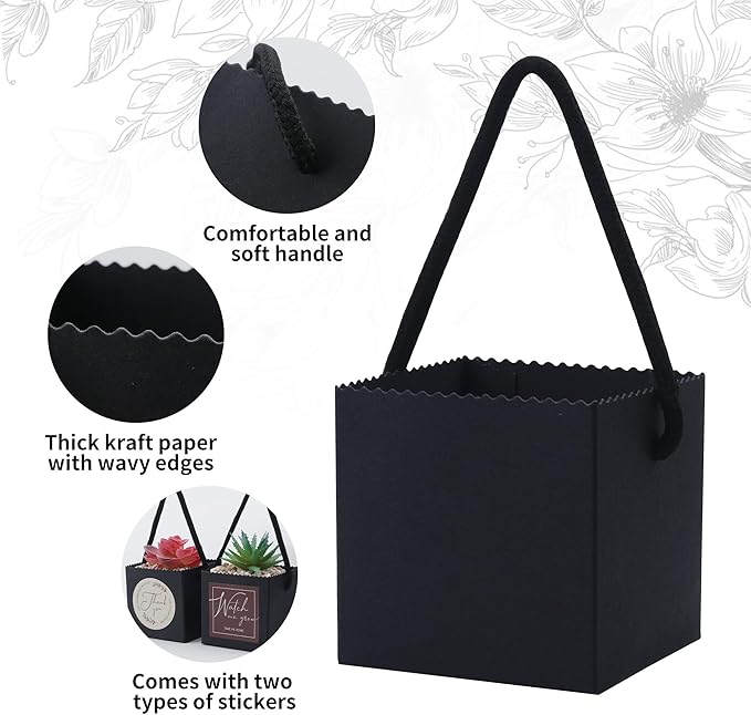 Temlum 2.5 Inch Succulent Wrap Bags (Fits 2.5″ Pots) with Thank You & Watch Me Grow Stickers, Small Succulent Gift Box for Wedding, Baby Shower, Succulent Party Favors for Guests (Black 40pcs)