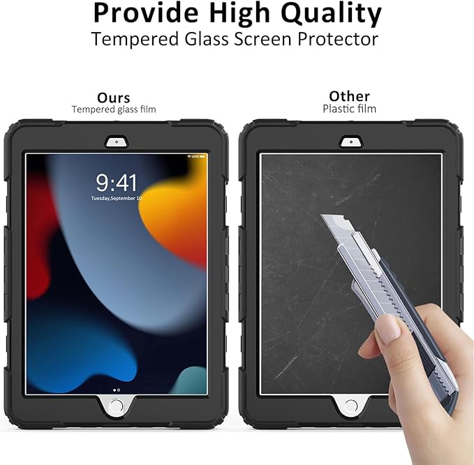 iPad 9th/8th/7th Generation Case, iPad 10.2 Case 2021/2020/2019, [Kid Proof] ambison Full Body Protective Case with 9H Tempered Glass Screen Protector, 360° Rotatable Kickstand & Hand Strap (Black)