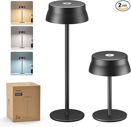 Philips Cordless Table Lamp, Portable Outdoor LED Desk Light,Rechargeable Battery Operated, 2 Adjustable Height, Touch Control & 3 Color Stepless Dimming, Waterproof Lamps for Restaurant/Bedroom