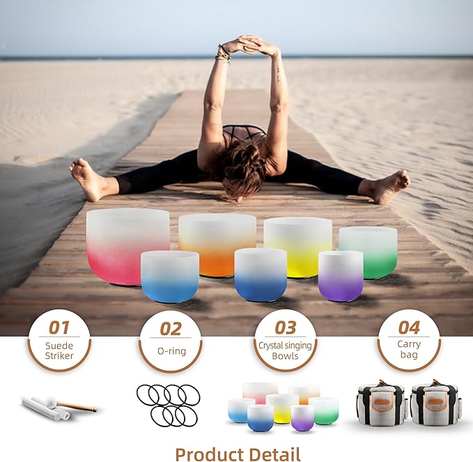 RYAN DVAN 432hz 6-12 Inch Set of 7 Pcs Gradient Design Quartz Crystal Singing Bowl Chakra Set Sound Therapy for Yoga, Reiki, Chakra Healing Energy Tuning & Mindfulness Kit