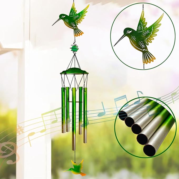 Hummingbird Wind Chimes, Outdoor Metal Wind Chimes Decor for Outside/Indoors, Home, Lawn, Porch, Patio, Gifts,Garden,Yard Decoration (Green Hummingbird)