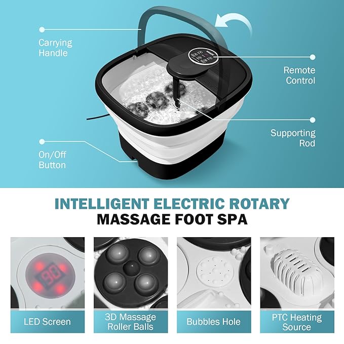 Collapsible Foot Spa Electric Foot Bath with Heat, Bubble, Remote, 24 Motorized Shiatsu Massage Balls. Pedicure Soaking tub for Feet Stress Relax (Black)