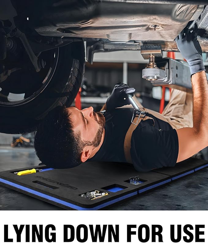 1.1" Extra Thick Foldable Garden Kneeling Pad with Handle & Belt & Tool Compartments – EVA Foam Knee Cushion Mat for Gardening, Mechanic Work, Auto Repair (47.2" x 15.7" x 1.1", Black & Blue)