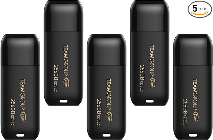 TEAMGROUP C175 256GB 5 Pack USB 3.2 Gen 1 (USB 3.1/3.0) Read 100MB/s Flash Thumb Drive, External Data Storage Memory Stick Compatible with Computer/Laptop Matte Black TC1753256GB21
