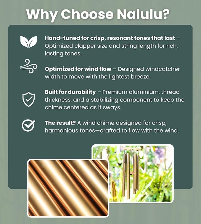 Large Wind Chimes – 35” Gold Modern Wind Chimes for Deep, Soothing Tones – Outdoor Garden Décor, Hand-Tuned Metal Chimes for Relaxation – Weatherproof Gift for Patio, Yard & Zen Spaces