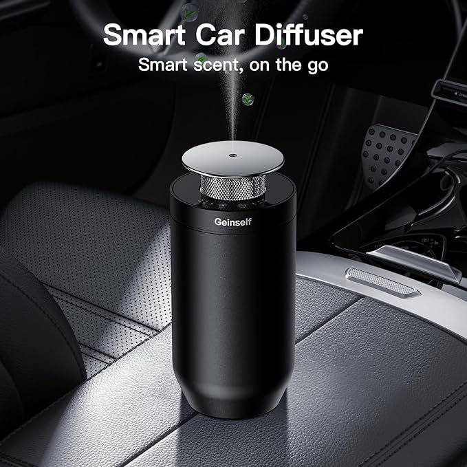 Waterless Essential Oil Diffuser Starter Kit with 4 x 10mL Fragrance Scent Oil, Smart Auto On/Off Car Diffuser Air Freshener, 1/8/24H Timer& 2 Mist Levels Scent Diffuser for Car (Black)