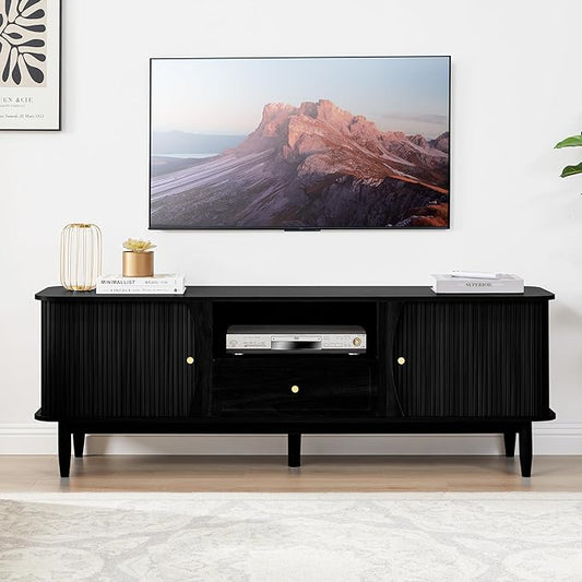 TV Stand, Media Console Table with Drawer and Sliding Door, Modern Entertainment Center with Storage for Living Room, Bedroom, Home Office (Black with 1 Drawer)
