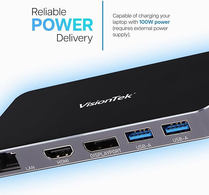 VisionTek VT350 Portable USB-C Dual Monitor Hub - 1x DP, 1x HDMI, 2X USB-A, 1x Ethernet, 1x USB-C for Windows/MacOS/ChromeOS/iOS