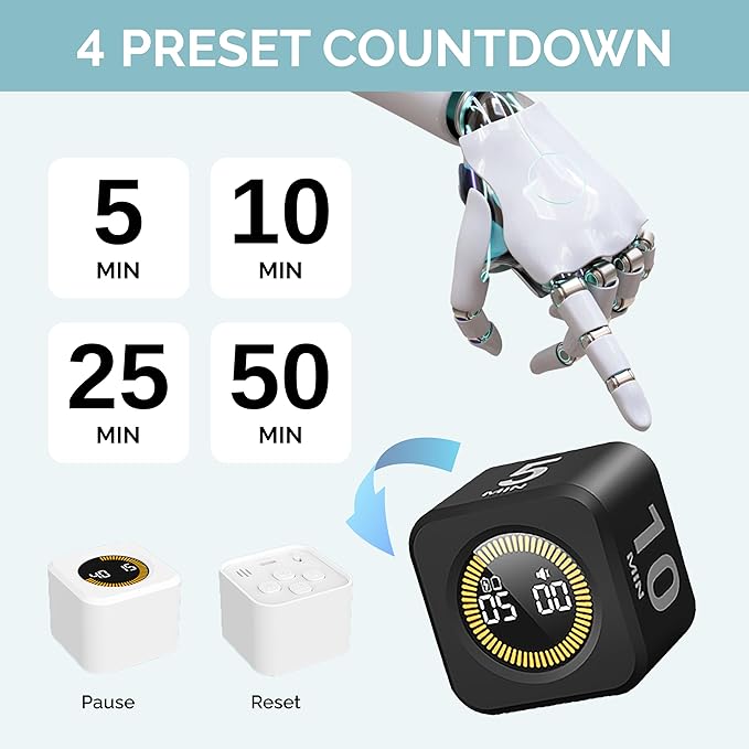 KADAMS Pomodoro Cube Timer Productivity Visual Timer - 5/10/25/50 Min Rotating Countdown, Customize Countup Silent Mode- for Work Study Cook Workout Kitchen Back to School Classroom(Black)