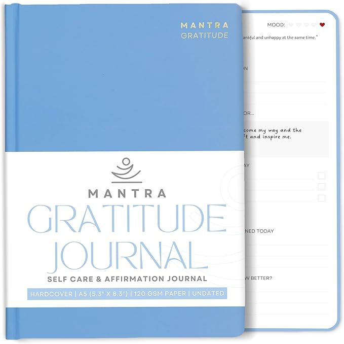 Gratitude Journal For Women & Men - Mental Health, Self Love & Self Care Journal - Blue - 5.8" x 8.3" - Mantra Planner