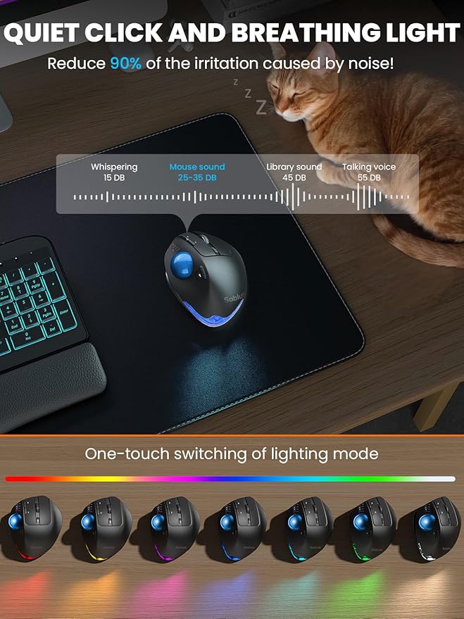 Wireless Trackball Mouse, Ergonomic Bluetooth Rechargeable Computer Mouse, Backlit Rollerball Thumb Laptop mice with 5 Level DPI, Adjustable Angle, 3 Devices Connection for PC, Windows - Blue Ball