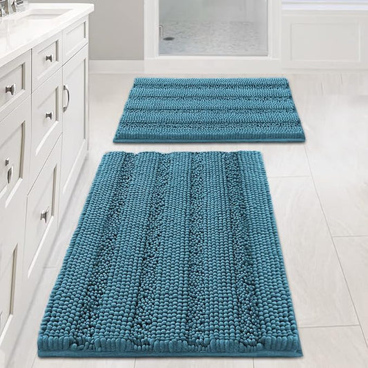 H.VERSAILTEX Turquoise Bathroom Rug, 2 Piece Bathroom Rug Set Slip-Resistant Extra Absorbent Soft and Fluffy Thick Striped Bath Mat Shag Floor Mat(Turquoise Blue, 20" x 32"/17" x 24")