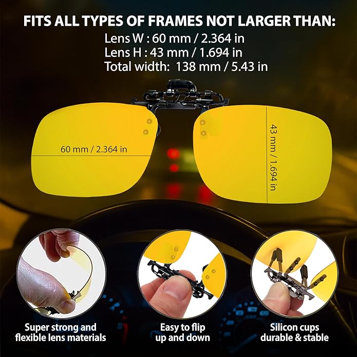 BLUE CUT Clip on Polarized Night vision Glasses Flip up Sunglasses UV-400 to Wear Over prescription Glasses for night driving