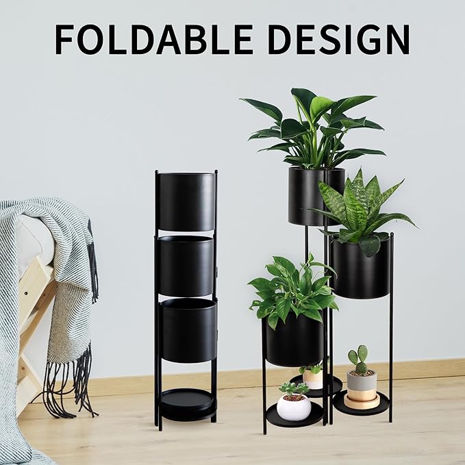 TRIROCKS Metal Plant Stand 6 Tier 6 Potted Indoor Flower Pot Stand Holder Shelf Outdoor Foldable Decorative Storage Shelf Rack for Multiple Potted Plants Patio Garden Living Room Corner(Black)