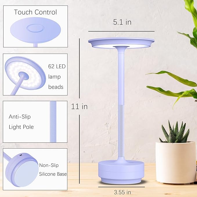 Rechargeable Cordless Table Lamp, Portable 5000mAh LED Touch Table Light, 3 Color Stepless Dimming Battery Powered Table Lamp for Outdoor/Restaurant/Patio.(Light Purple)