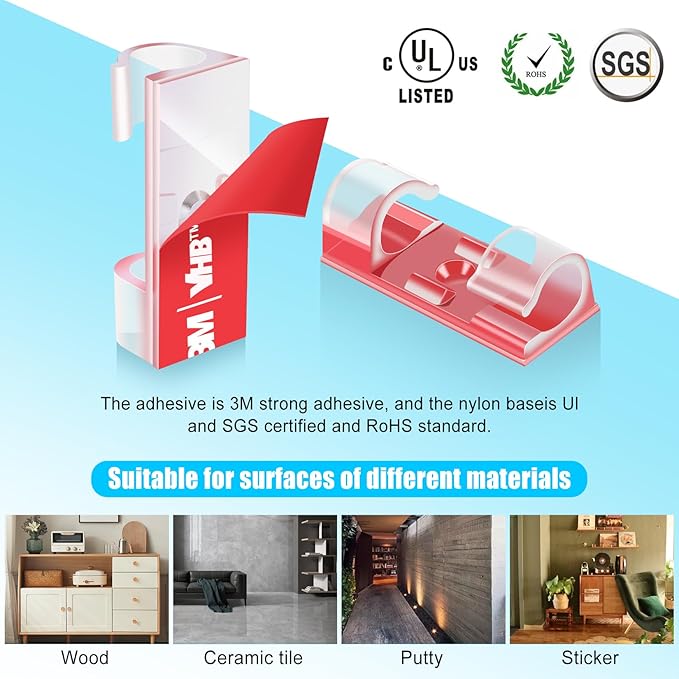 XHF 50pcs Medium Self Adhesive Cable Clips Clear,Wire Clips Cable Management Wire Organizer Cord Holder for Under Desk, Car, Wall, TV PC Ethernet Cable