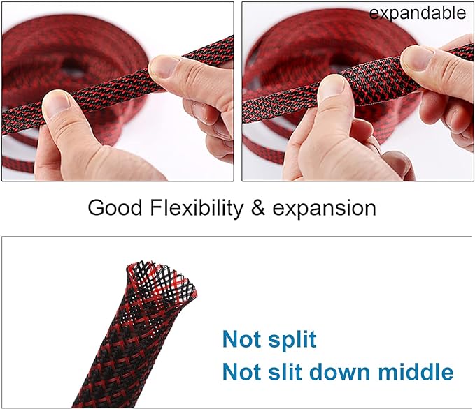 100ft - 1 inch PET Expandable Braided Sleeving – BlackRed – Alex Tech Braided Cable Sleeve