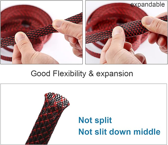 25ft - 3/8 inch PET Expandable Braided Sleeving – BlackRed – Alex Tech Braided Cable Sleeve
