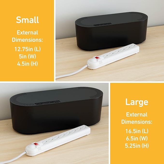 D-Line Cable Management Box, Power Strip Cover, Floor Outlet Hider, Desk Cord Organizer, Hide Extension Leads, 12.75" (L) x 5" (W) x 4.5" (H), for use with Power Strips up to 10.5in (L) - Small, Black