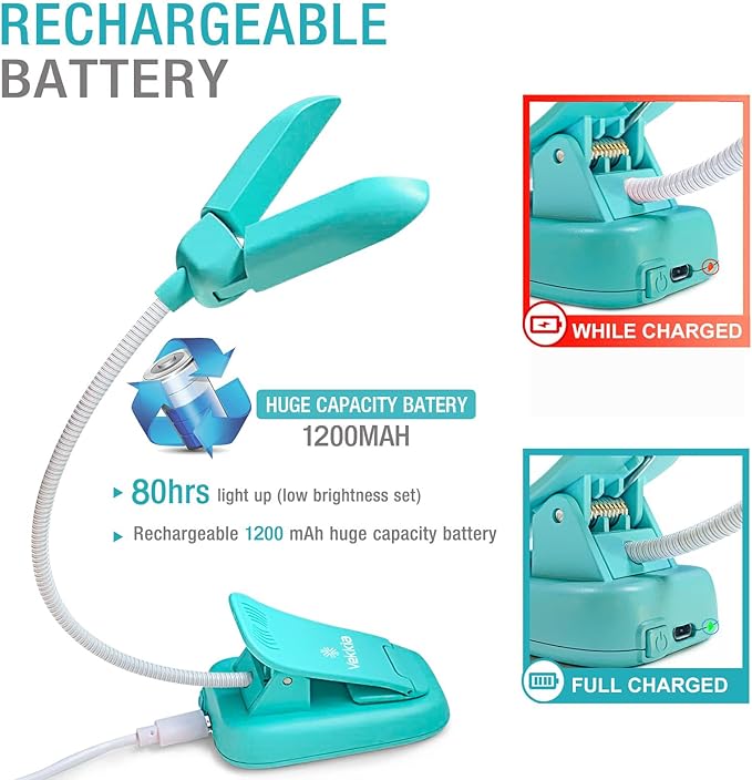 Vekkia 14 LED Rechargeable Book Light for Reading at Night, Eye-Care Reading Light for Books in Bed, 180° Adjustable, Clip on Lamp, 3 Color Temperatures, Lightweight, Present for Reader