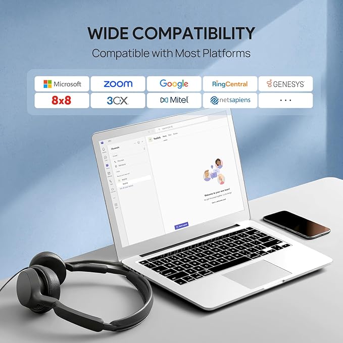 Yealink UH42 USB-A Headset with Microphone for PC Computer, Wired Headset Teams Certified, Noise Cancelling Mic, in Line Control, Mute Button, Cable Length 7.05FT, All Day Comfort